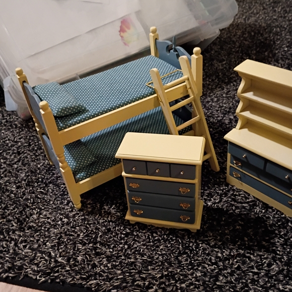 Vintage Doll House Bedroom Set with Blue and Cream Furniture - Picture 5 of 9